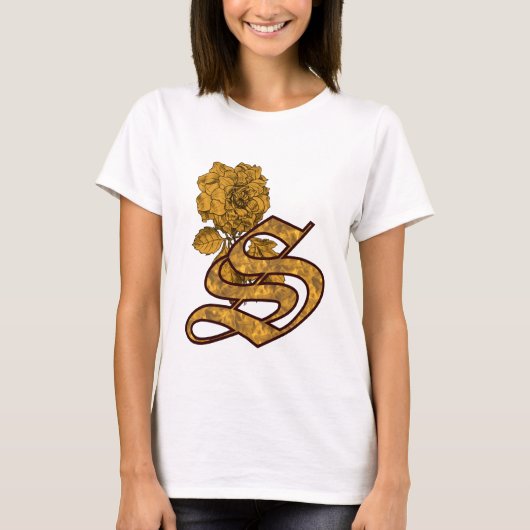 T-shirt Pivoine dorée Monogramme Élégant Initiale S (Devant)