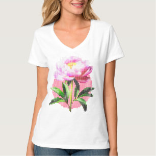 T-shirt Pivoine rose point mosaïque fleur encolure V