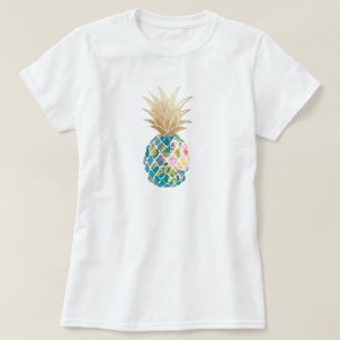 T-shirt PixDezines Hawaii, Aloha Ananas Turquoise/Or Faux