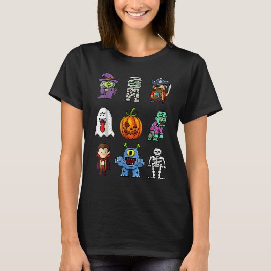 T-shirt Pixel Halloween Witch Pumpkin Boo Pirate Skeleton  (Devant)