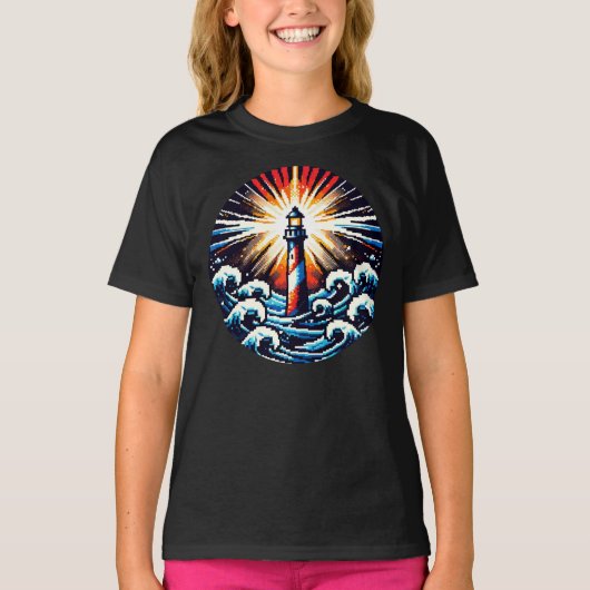 T-shirt Pixel Lighthouse - Ocean Waves & Coastal Beacon (Devant)