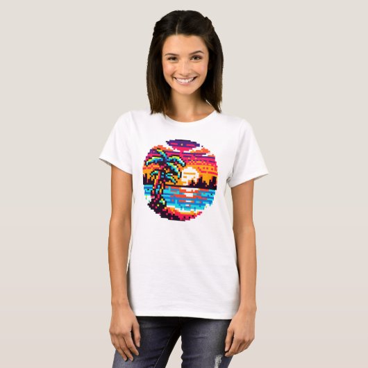T-shirt Pixel Paradise : Sunset Tropical 8 Bits Retro Natu (Devant entier)