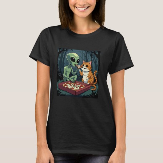 T-shirt Pizza Alien Et Chat À Manger (Devant)