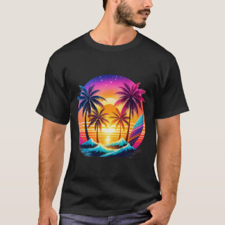 T-shirt Plage Avec Palmiers Et Planches De Surf, Style Pop