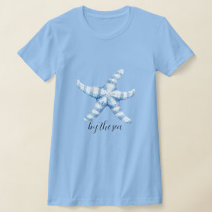 T-shirt Plage de l'étoile de mer bleue blanche