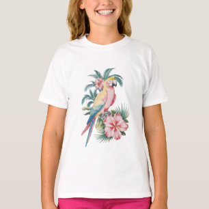 T-shirt Plage d'été tendance perroquet et fleurs d'Hibiscu