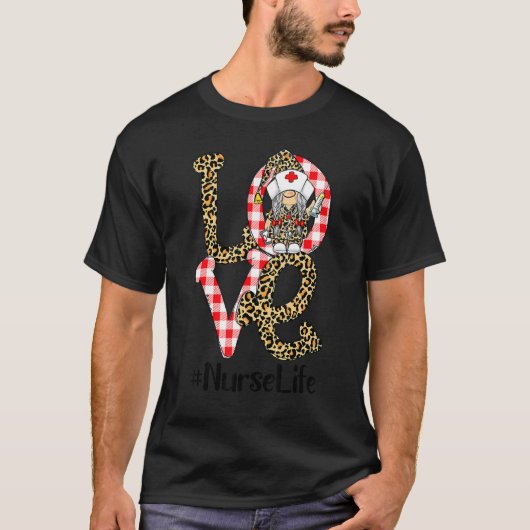 T-shirt Plaid Leopard Gnome LOVE Nurse Life Funny Valentin (Devant)