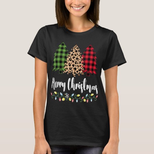 T-shirt Plaid Leopard Patterns Merry Christmas Tree for Mo (Devant)