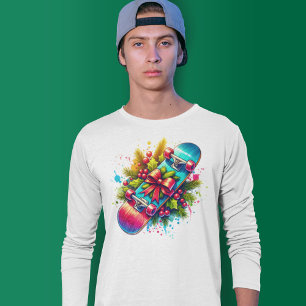 T-shirt Planche à roulettes de Noël Rouge Ruban Branches d
