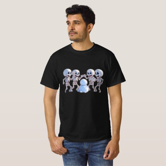 T-shirt Playful Skeletons Building a Snowman – 3D Cartoon, (Devant entier)