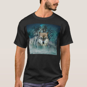 T-shirt Pleine lune de loup dans le brouillard