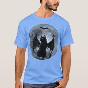 T-shirt Pleine lune éffrayante Chat Noir Avec Bat Ailes Ha