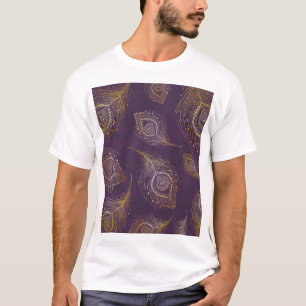 T-shirt Plumes de paon or, arrière - plan violet.