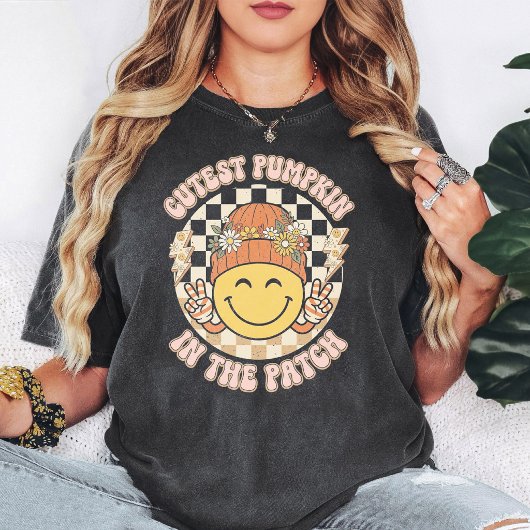 T-shirt Plus Mignon Patch de Citrouilles Groovy Smiley Pai