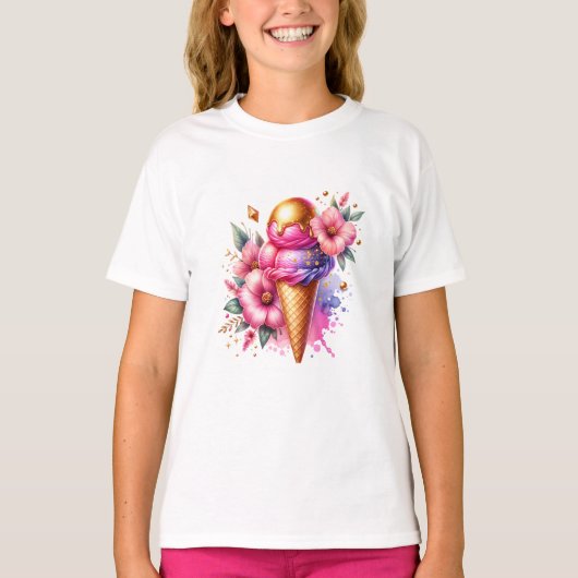 T-shirt Plutôt rose et or Crème de glace cône Floral (Devant)
