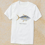 T-shirt Poisson de thon personnalisé<br><div class="desc">Un poisson de thon amusant avec un sourire enjoué,  parfait pour ceux qui aiment le poisson,  la nourriture et la pêche. Art original de Nic Squirrell. Modifiez le nom ou le texte à personnaliser.</div>