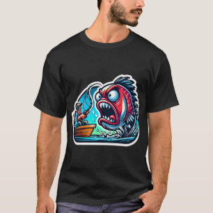 T-shirt Poisson Dessiné en Colère Criant Après le Pêcheur