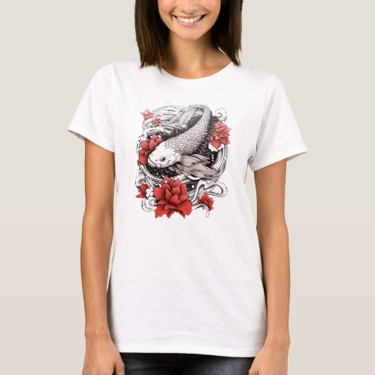 T-shirt Poisson Koi Avec Fleurs | Design japonais (Devant)