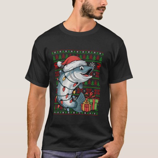 T-shirt Poisson saumon Lumières de Noël laid Santa Chapeau (Devant)