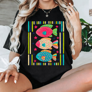 T-shirt Poisson tropical coloré, art folklorique, côte océ