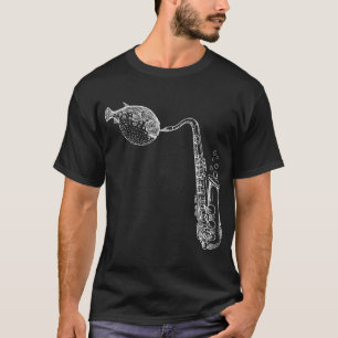 T-shirt Poisson-Volant Blanc Gonflé Jouant Du Sax