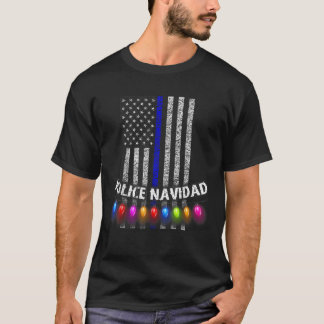 T-shirt Police Navidad Tee Mince Ligne Bleue Drapeau Verti