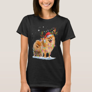 T-shirt Poméranie Reindeer Santa Hat Noël Lumières Noël
