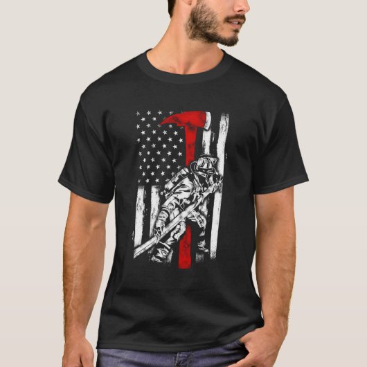T-shirt Pompier Red Ax Distressed Fire American Drapeau (Devant)