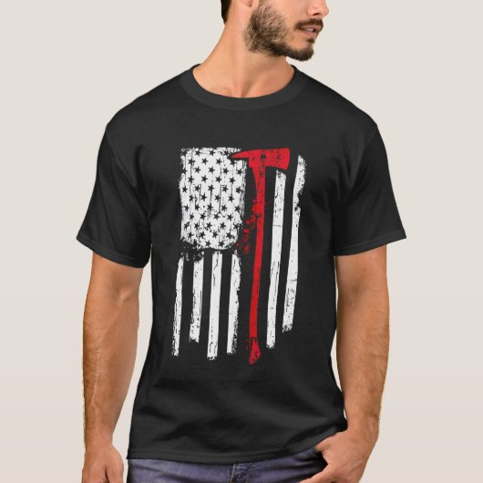 T-shirt Pompier Red Line Drapeau Américain Avec Pompier Ax (Devant)