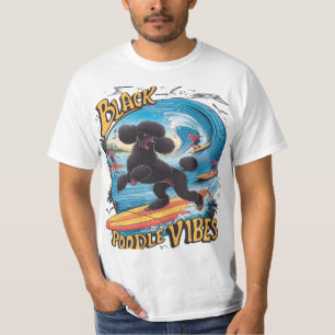 T-shirt Poodle noir aquatique : surfer sur la grande vague