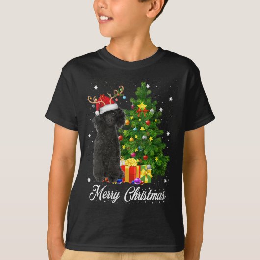 T-shirt Poodle noir Père Noël Noël Arbre Lumières Noël Rei (Devant)