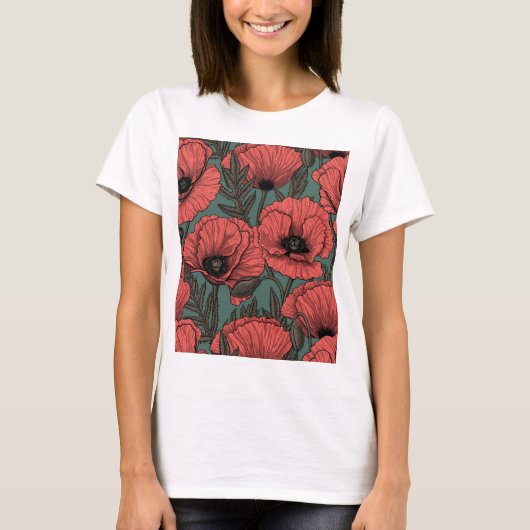 T-shirt Poppy garden en coral, brown et pine green (Devant)