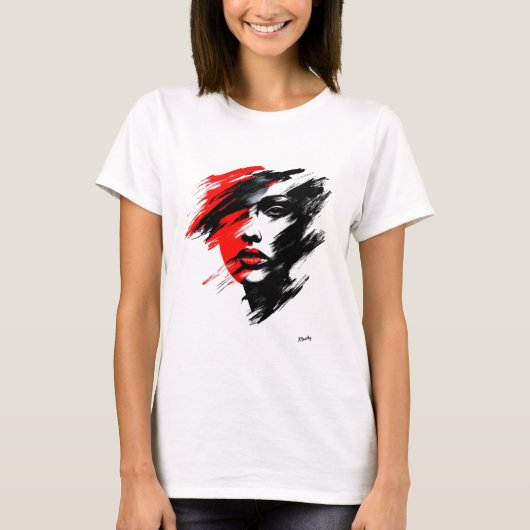 T-shirt Portrait Abstrait - Pinceau noir et rouge dramatiq (Devant)