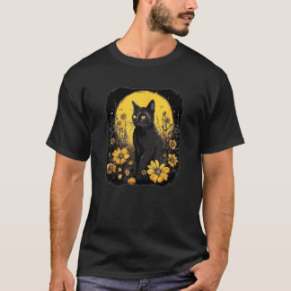 T-shirt portrait de chat noir jaune avec des fleurs sauvag