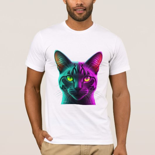 T-shirt Portrait de chat synthwave à tonalité néon divisée (Devant)