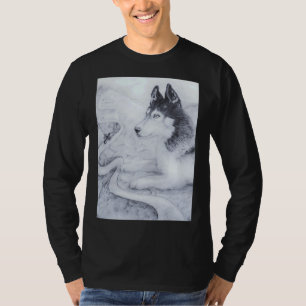 T-shirt Portrait De Husky Et Motorbike Mountain Road Blac