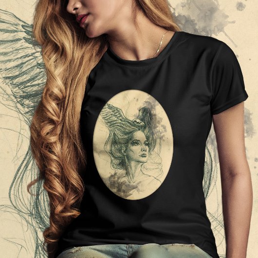 T-shirt Portrait Femme Crâne d'oiseau et ailes Art Surreal