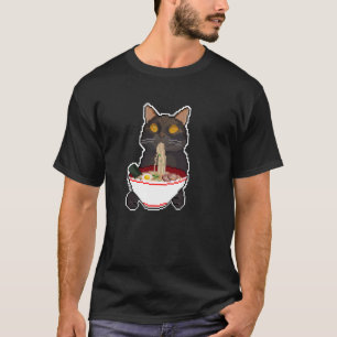 T-shirt Poster de animal Japonais Drôle Chat Noir Manger R
