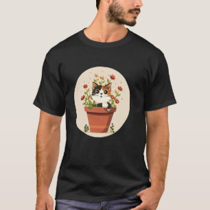 T-shirt Pot de fleurs heureux avec chat et plantes pour le