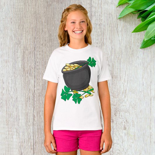 T-shirt Pot de la Saint-Patrick or et trèfles chanceux