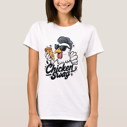 T-shirt Poulet avec lunettes de soleil Manger Pizza (Devant)