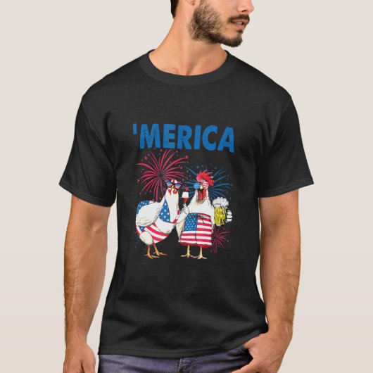 T-shirt Poulet Merica Drapeau Américain Poulet Bière 4e De (Devant)