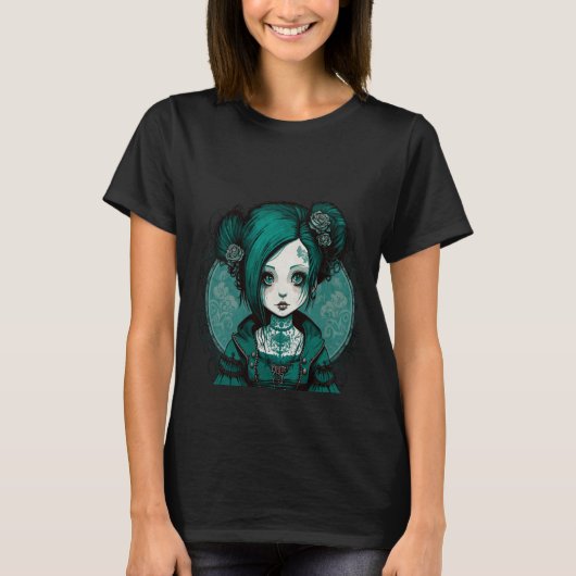 T-shirt Poupée gothique foncé Chibi Style Rose Tonton Turq (Devant)