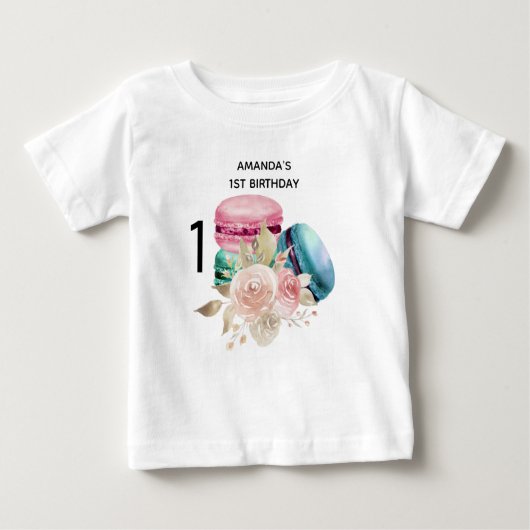 T-shirt Pour Bébé 1er anniversaire avec Macarons et Fleurs Aquarelle (Devant)