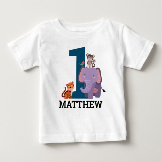 T-shirt Pour Bébé 1er anniversaire Dark Blue Jungle Animaux Garçon (Devant)