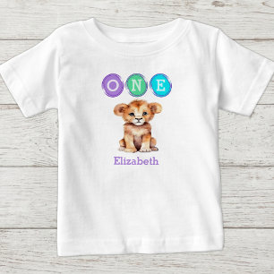 T-shirt Pour Bébé 1er anniversaire de Lion un avec nom violet