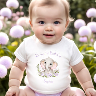 T-shirt Pour Bébé 1er Anniversaire Fille Eléphant Purple Nom personn