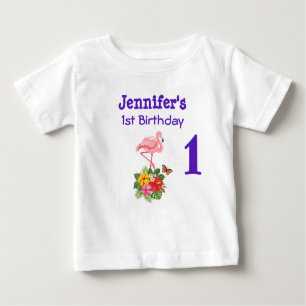 T-shirt Pour Bébé 1er anniversaire Flamant rose rose et Hibiscus tro