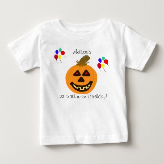 T-shirt Pour Bébé 1er anniversaire Halloween Ballons Citrouille Nom (Devant)