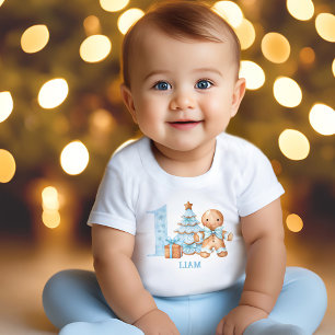 T-shirt Pour Bébé 1er anniversaire Noël Pain d'épices bleu Nom de l'